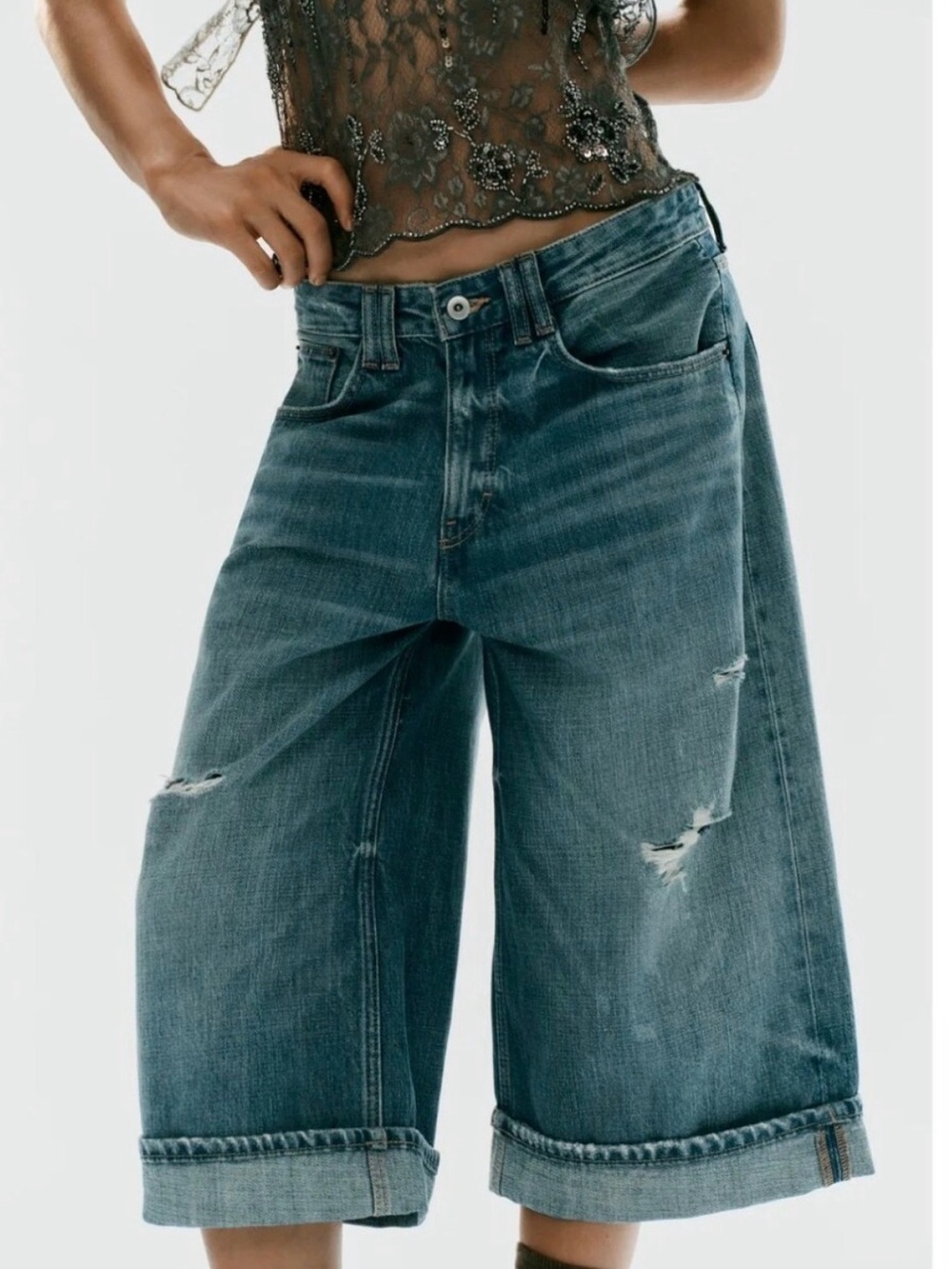 Wide-Leg Distressed Women’s Jeans Shorts - denim long shorts culottes